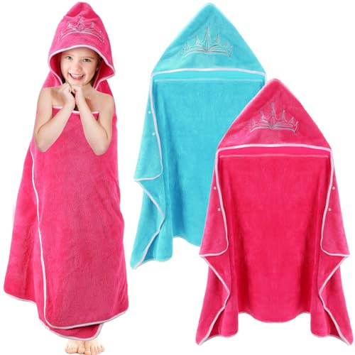 SmoothNovelty 2 Pcs Princess Bath Towel for Baby Toddler Oversized Absorbent Soft Hooded Bath Beach Towel for Kids Girls up to 10 Years,Thick Cozy Full Coverage,Pink and Blue
