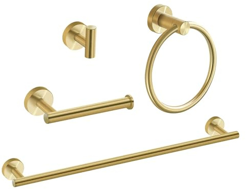 4 Pieces Brushed Gold Bathroom Hardware, NSCMQSL Bathroom Accessories Set Includes Toilet Paper Holder Towel Ring Robe Hook Wall Mounted