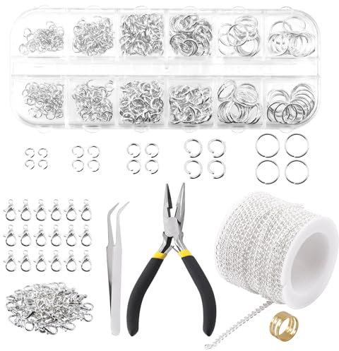 Rustark 504 Stück 4mm 3m Silber Schmuckkette Gliederkette Ketten Basteln Zubehör Schmuckherstellung Set mit Karabinerverschluss und Biegeringe und Schmuckzange Necklace Chains für DIY Schmuck