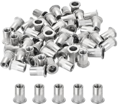 sourcing map 60Pcs Rivet Nuts Flat Head, M6 Stainless Steel 304 Threaded Insert Nuts Knurled Body