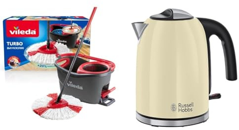 Vileda Turbo Microfibre Mop And Bucket Set, Spin Mop For Cleaning Floors, Set Of 1x Mop And 1x Bucke & Russell Hobbs Cream Stainless Steel 1.7L Cordless Electric Kettle with black handle