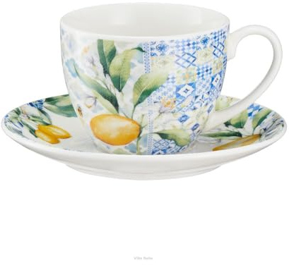 VILLA ITALIA - Porzellan Tasse LIMONETTI - Weiss Tassen - Elegant Kaffeetasse - Weiß Gerichte - Handmade Tafelservice - Hochwertiges Teetasse mit Tassenhalter - Cappuccino Tassen - Tee - Kaffee