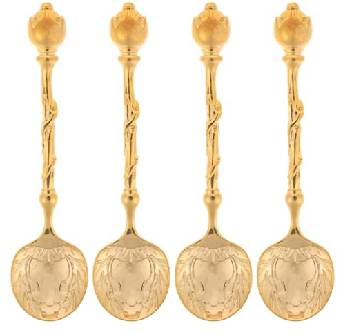 Alipis Lot de 4 cuillères à dessert de style européen vintage en acier inoxydable pour gâteau, thé et café, doré