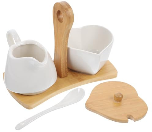 FUNOMOCYA Ceramic Sugar Bowl and Pitcher Set Bamboo Tray and Spoon for Serving Bowls for Home and Hotel Use Sugar Jar and Milk Tea Set