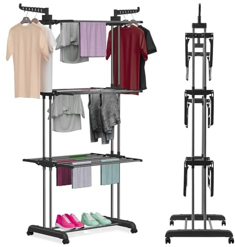 pegs it Large Clothes Airer 170 X 74 X 49cm| 4-Tier Laundry Drying Rack Indoor & Outdoor |Stainless Steel Space-Saving Clothes Dryer with Wheels | Foldable Design with 35kg Capacity
