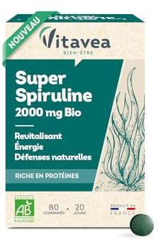 Vitavea Bien-Être - Super Spiruline BIO 2000mg - Revitalisant, Énergie, Défenses Naturelles - Riche en protéines - Complément alimentaire tonus - 80 comprimés - Cure 20 jours- Fabriqué en France