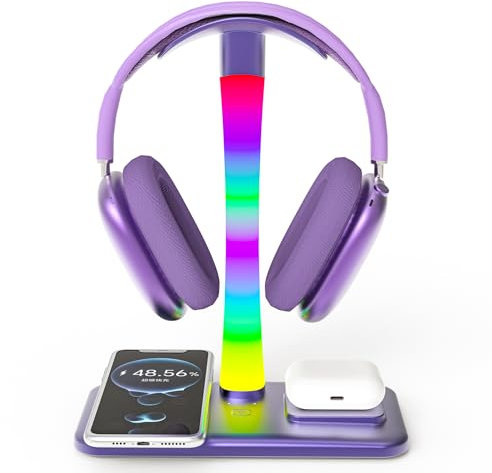 Support pour casque avec chargeur sans fil, support pour casque de jeu avec lumière RVB, support pour Airpod Max compatible avec Airpod Pro/3/2, pour iPhone 17/16/15/14/13, cadeaux pour joueurs
