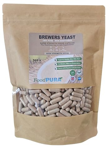FoodPURA 365 x 600mg Brewers Yeast Capsules 100% Pure & Natural Not Debittered HACCP Certified Manufactured in The UK (365)