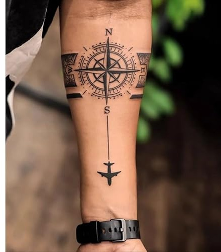 2 Stück Temporäre Pflanzliche Tattoo-Aufkleber, Gefälschter Kompass, Armband, Kleiner Flugzeugsaft, Für Damen Und Herren, Semipermanent, Nicht Reflektierend, Wasserdicht, Hält 2 Wochen