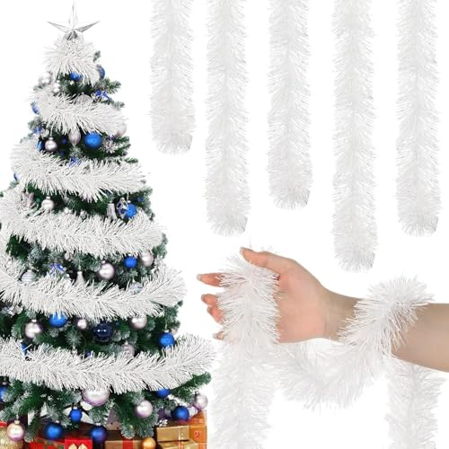 SULOLI Guirnalda de Oropel Navidad de 10 m，Guirnaldas de Tinsel，Espumillón de Cumpleaños，Fiesta，Escalera，Chimenea，Paredes，Árbol de Navidad（Blanca）