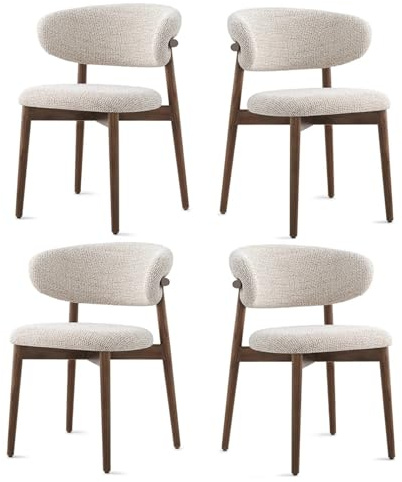 Lot de 4 chaises de salle à manger modernes du milieu du siècle – Bois massif avec coussins en lin et dossier incurvé – Chaises rembourrées pour cuisine et salon en noyer