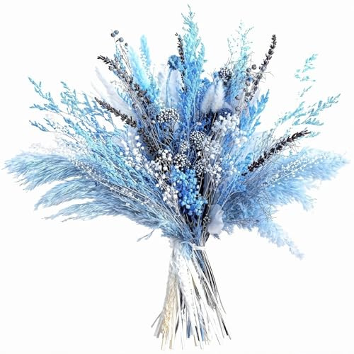 wkao Getrocknete Pampas und Blumenarrangement in Blau und Weiß, natürlicher Blumenstrauß für Boho-Events, hohe Vase, Party- und Heimdekoration