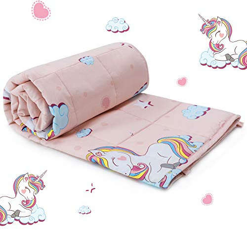 Sivio Gewichtsdecke, 1,4 kg, 90x120 cm, Therapiedecke Schlafhilfe Stressabbau, 100% Natürliche Baumwolle, Hypoallergene Glasperlen, Pinkes Einhorn