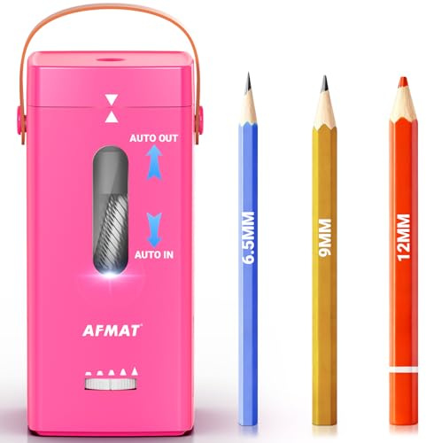 AFMAT Elektrischer Anspitzer, Vollautomatischer Anspitzer, Auto in & Out, Wiederaufladbarer Hands-Free Anspitzer für Jumbo & Buntstifte (6,5-12 mm), Tragbar für Zuhause/Klassenzimmer/Büro,Rosarot,PSC6