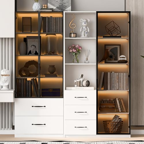 Merax Bücherschrank mit Glastüren, Glasvitrine mit LED-Beleuchtung, Multifunktionsschrank mit Schubladen und offenen Fächern, Staubdichter Bücherregal, Weiß, 140x40x160cm