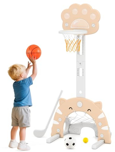 COSTWAY 3 en 1 Panier de Basket-Ball Enfant en Forme Patte de Chat | Centre de Sports Enfant avec Hauteur Réglable & Cercle Pliable, But de Football & Golf, Intérieur Extérieur, 3 Ans+