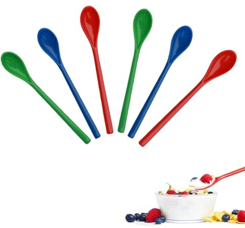 OUDQFCJ Lot de 6 cuillères à long manche, cuillères en plastique colorées, cuillere longue, cuillères à café et à œufs (à long manche) (rouge, vert et bleu)