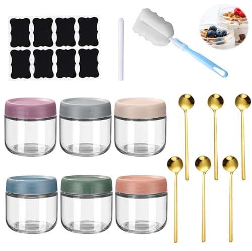 6 Piezas Tarros de Cristal con Tapa, 300ML Tarros de Avena Nocturna, Tarros de Conserva de Vidrio, Tarros de Vidrio Reutilizables, Frascos de Vidrio Herméticos con Tapas, para Mermelada Casera, Yogurt