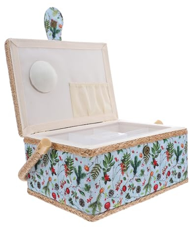 Operitacx Cesta de Costura Grande de Tela Estilo Europeo con Diseño Navideño Organizador Portátil de Bordado con Asa Caja de Almacenamiento Espaciosa para Accesorios de Costura y Tijeras