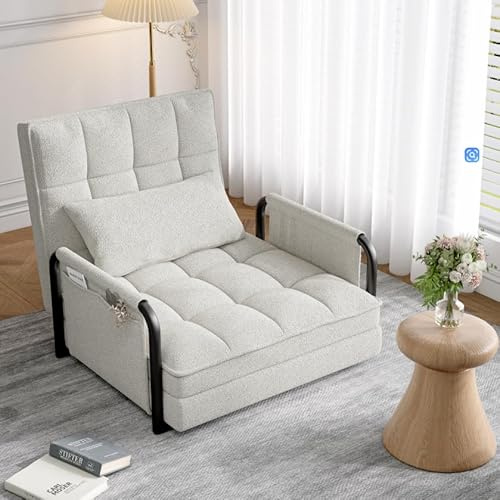 Sovstol med sängfunktion, hopfällbar sovfåtölj, bäddsoffa med justerbart ryggstöd och kudde, 2 fickor, boucle-tyg, gästsäng, dagsäng, fåtölj för kontor, sovrum, vardagsrum (beige)