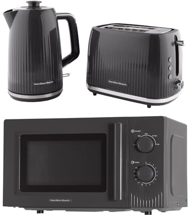 Hamilton Beach Kettle Toaster Microwave Set, Miami, Kettle, 1.7L, Toaster 2 Slice, Kettle & Toaster Set, Microwave Oven, 20L, Manual Controls, 800W, Kitchen Set, Charcoal Grey - HBMIAKSCH