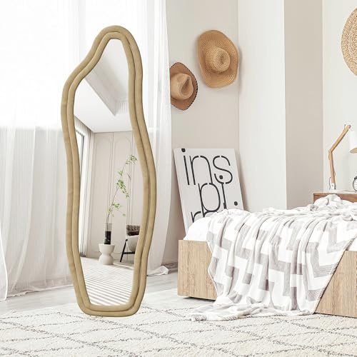 Specchio su piedistallo 160 x 50 cm, specchio su piedistallo camera inclinato o sospeso, ondulato irregolare, cornice rivestita in velluto, per soggiorno, camera da letto, ingresso (velluto dorato
