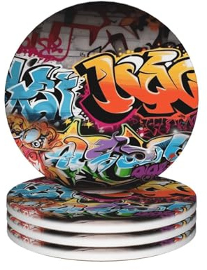 Drink Coasters Set of 4 Non-Slip Ceramic Coasters with Holder Graffiti Hip Hop Coasters for Drinks Tabletop Protection Cups Mugs Mat Pads for Coffee Table Bar Home Decor