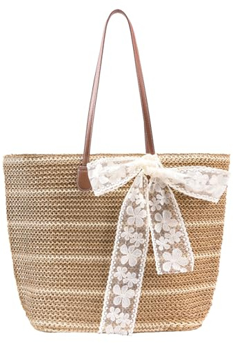 Boho Sommer Stroh Strohtasche Korbtaschen Damen Beach Geflochten Bag | Handwoven Straw, Vintage leichte faltbare mit Reißverschluss Sicherheit,Große kapazität perfekt für Pendeln, Einkaufen Urlaub