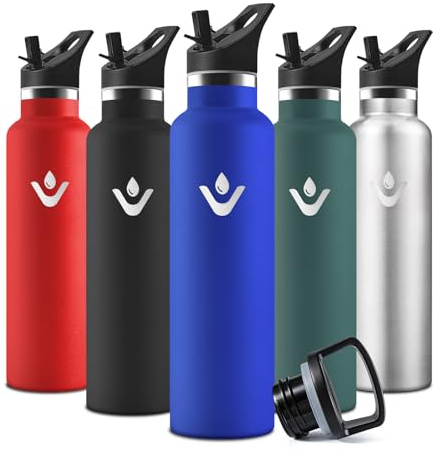 Motswedi Gourde, 750 ml Sans BPA, Gourde Isotherme, Avec Paille&2 Couvercles, Bouteille d'eau, 18/8 Acier Inoxydable, Bouteille Isotherme pour Randonnée, Camping - Bleu royal