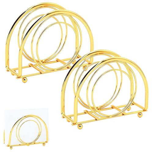 Commercial 2 Pack Gold Napkin Holders for Tables, Heavy Duty Metal Serviette Holder Set, Semi-Circular Modern Napkin Dispenser for Home Kitchen Restaurant Wedding Party