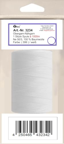 1 Stück Spule a. 1000m Obergarn, Baumwoll - Nähfaden, weiß -white, Ne 50/3, für die Nähmaschine Nähgarn Garn, 3234