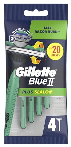 Gillette Blue II Plus Slalom Einwegrasierer x4, zwei platinbeschichtete Klingen, wasseraktivierter Gleitstreifen, griffiger Griff, schwenkbarer Kopf, 5x gründliche glatte Rasuren
