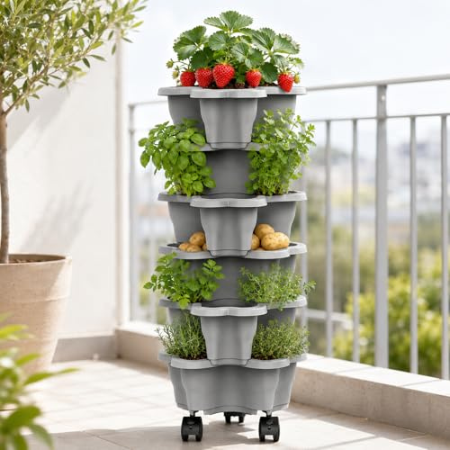 Stackable Strawberry Planter, 6-Tier Vertical Garden Planter with Rolling Wheels, ABS Weatherproof Pots for Herbs Flowers Vegetables, for Patio Balcony Garden Indoor & Outdoor