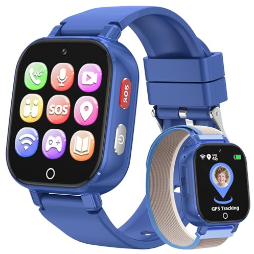 PTHTECHUS 4G Smartwatch Kinder mit Videoanruf, GPS, SOS, Voice Chat, IP68 Wasserdicht, Schulmodus, Schrittzähler, Wecker, Lernspiele, Kinderuhr Geschenk für Jungen und Mädchen 4-12 Jahren (Navy)