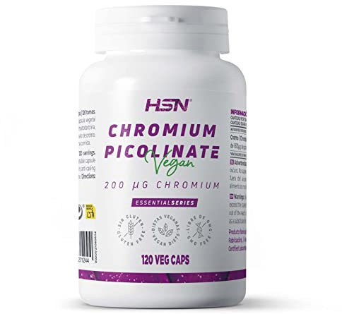 HSN Picolinato de Cromo 200 mcg | 120 Cápsulas Vegetales | 200 µg de Cromo - Mineral Elemental - por cada cápsula – ALTA Dosificación | No-GMO, Vegano, Sin Gluten ni Lactosa