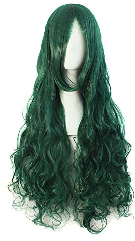 Fouriding 80cm Cosplay Karneval Perücke Lang Gewellt Wig Langhaarperücke für Frauen Kostüm Damen Mottoparties (Grün)