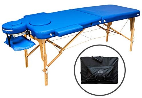 Zen Basic III Massageliege klappbar & Mobile Massagetisch aus Holz, stabile Massagebett - Massagebank höhenverstelbar, Tattoo & Kosmetikliege, Behandlungsliege mit Kopfteil, Armstütze & Tasche (Blau)