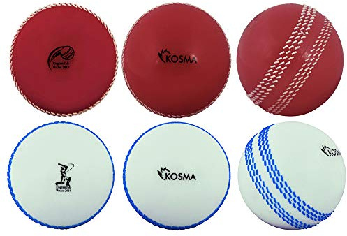 Kosma Förpackning med 6 vindboll cricketboll | Inomhus och utomhus mjuk träning cricketboll för coaching övning (3 st var och en av röd med vit söm, vit med blå söm)