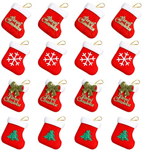 16 Pcs Mini Christmas Stocking,4 Style Xmas Stocking Christmas Tree Ornaments Little Christmas Stockings Gift and Treat Bags Christmas Hanging Socks for Xmas Tree, Home, Garden Decoration