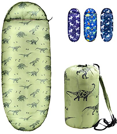 Kids Sleeping Bags for Boys – Military Green Dinosaur – Rioyalo YOLO 45 Camping Sleeping Bags for Kids with Carry Bag - Outdoor and Indoor (Military Dinosaur)