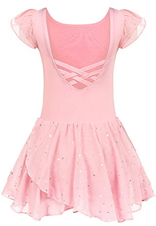 Arshiner Ballettkleidung Mädchen Baumwolle Ballettkleid Rosa Kurzarm Ballettanzug Balletttrikot Tanzkleid Ballerina Kleid Tanzbody mit Rock Tütü 5-6 Jjahre