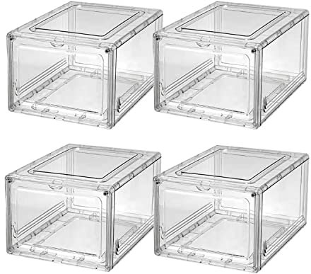 EZsport Schuhkarton, 3/4er-Set, stapelbarer Kunststoff-Schuhkarton mit transparenter Tür, als Schuh-Aufbewahrungsbox und durchsichtiger Schuhbox, für Sneaker, einfache Montage (transparent, 4er-Pack)