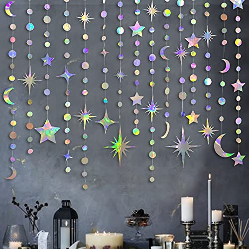 Schillernde Stern-Mond-Kreis-Punkt-Girlande-Party-Dekorations-Set Hängende Halbmond und Twinkle Little Star Streamer Banner für Kinder Erster Geburtstag Ramadan EID Mubarak deko (Iridescent Star Moon)
