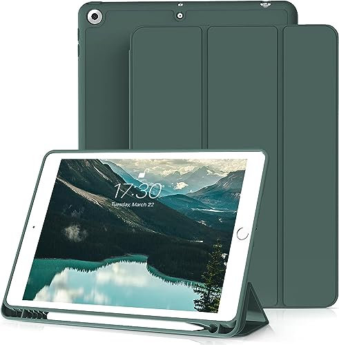 JKSML Hülle für iPad 9. / 8. / 7. Generation mit Stifthalter 10.2 Zoll Modell 2021/2020 / 2019, Auto Schlaf/Aufwach Funktion | Ultradünne Schutzhülle aus TPU für iPad 10.2 Zoll, Dunkelgrün