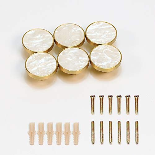 EVERGD 27mm Pure Copper Handle Shell Brass Gold Wardrobe Kitchen Cabinet Door Knobs Drawer Cupboard Hardware Pull Handle Clothes Coat Hook Modern Simple (6, Pearl White（32mm）)