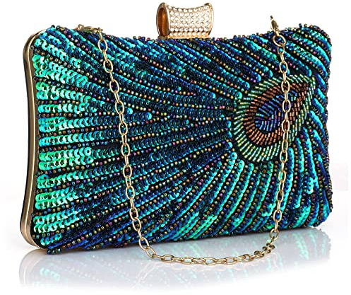 Gelory Peacock Clutch Bags for Women, Vintage Sequin Handbag Gifts Catching Purse Ladies Bags Jade Crystal Evening Bag