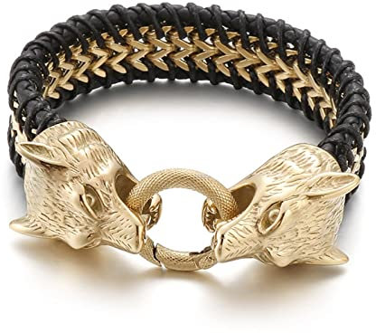 AMDXD Armband Männer, PU Leder Herrenarmband Gravur Wolf Armreif Zart Gold Armschmuck Edelstahl mit Magnet Verschluss, Länge 23cm Pärchen Geschenk