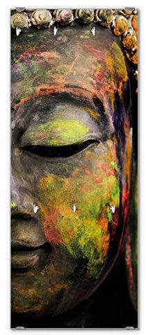 banjado® Wandgarderobe aus Echtglas/Design Garderobe 50 x 125 cm groß/Flurgarderobe mit 7 Haken/Beschreibbares Garderobenpaneel Motiv Bunter Buddha