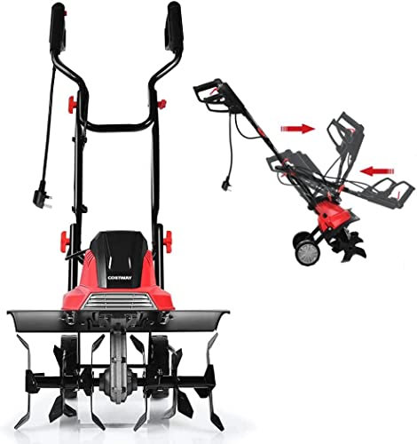 GiantexUK 1200W/1500W Electric Tiller, Lawn Soil Scarifier with 4/6 Blades, Adjustable Wheels & Foldable Handle, Lightweight Garden Cultivator Rotovator Rototiller (43cm Cutting Width, Red+Black)