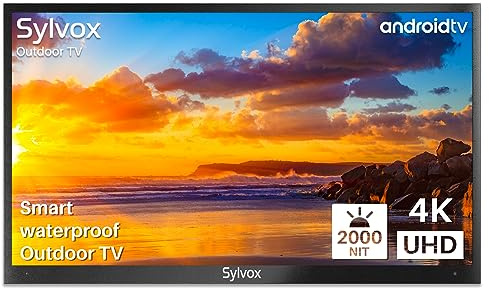 SYLVOX 75 Zoll Outdoor TV - 4K UHD Smart Android TV, IP55 Wasserdicht, 2000 Nits Helligkeit Fernseher- Mit Voice Assistant & Bildschirmspiegelung - Ideal für Poolbereich, Garten, Terrasse
